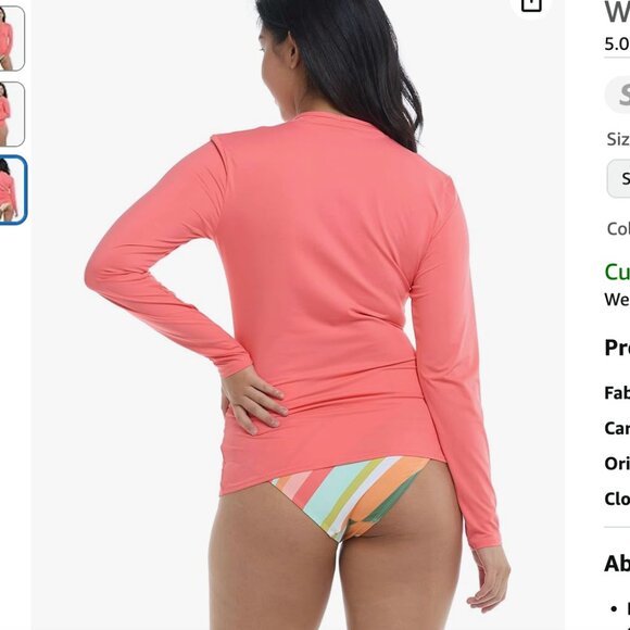 Women's Standard Upper-Cut Long Sleeve Rashguard, Peach SMALL NEW WITH TAGS - Picture 3 of 3